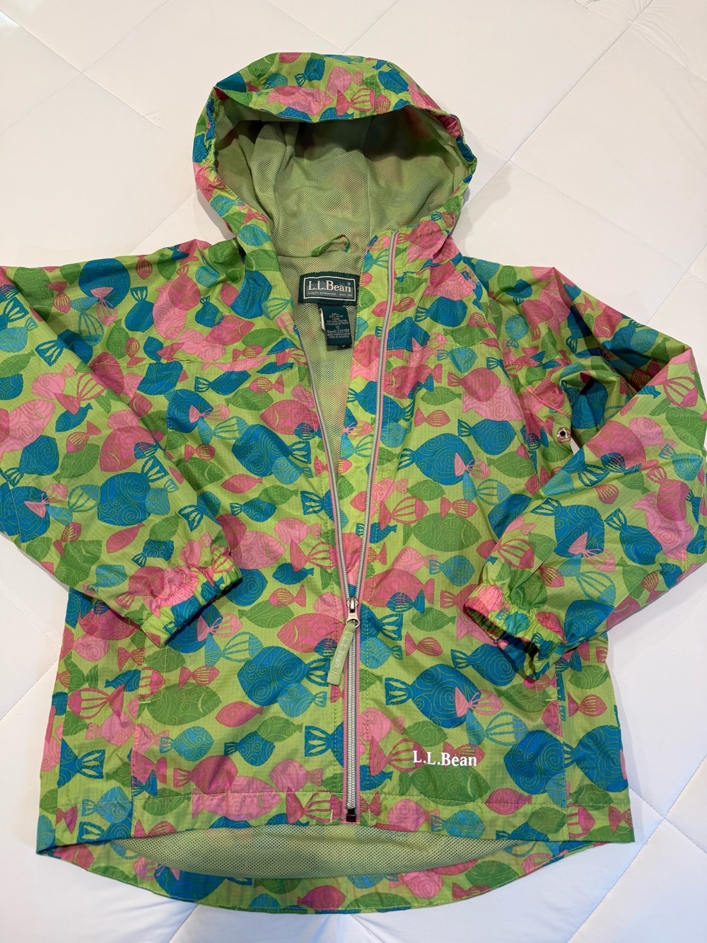 LL Bean Colorful Fish Hooded Rain Jacket Girls Size 10